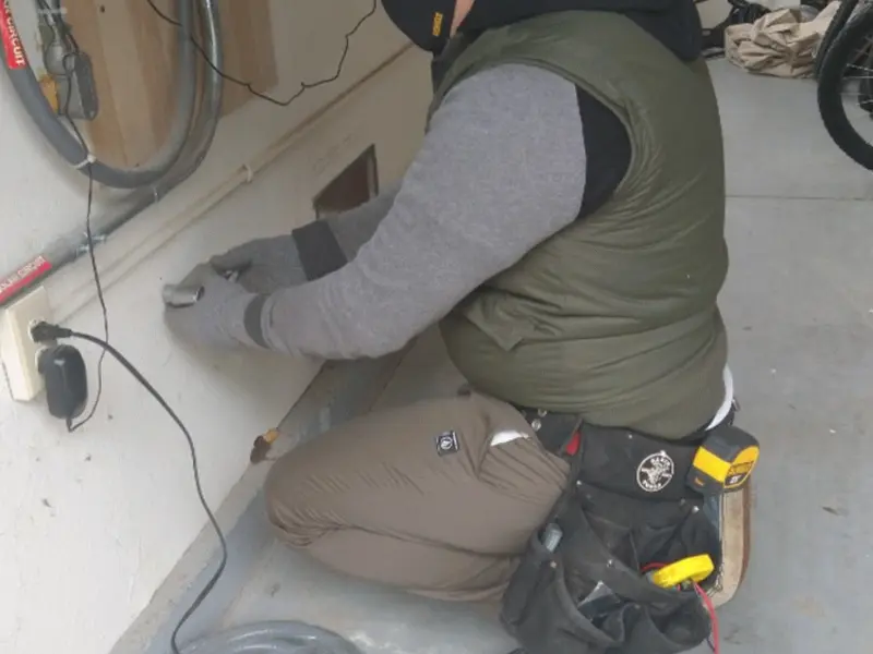 Electrician performing outlet wiring in a Milford garage